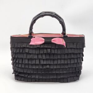 Braciano Vintage Pink Bow Black Ruffled Bamboo Top Handle Bag